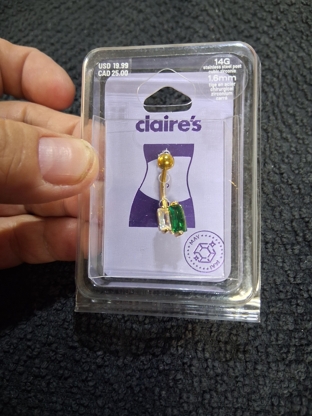 Claire's Gold Toned Belly Ring with Emerald Green and Clear Gems